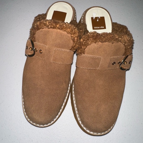 NWOB Dolce Vita Lelani Plush Flats Pecan Suede platform Mules faux fur lined 8.5 - Picture 3 of 14